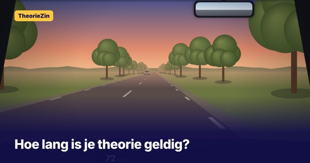 Landweg in de schemering door de voorruit gezien, bij het artikel over hoe lang je theorie geldig is