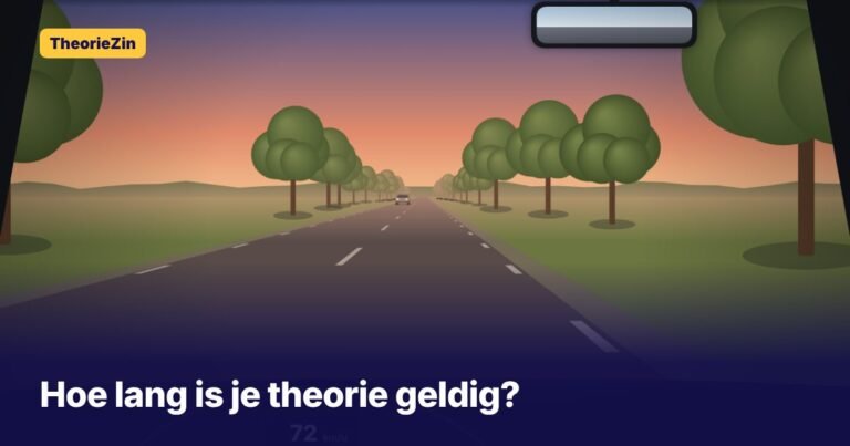 Landweg in de schemering door de voorruit gezien, bij het artikel over hoe lang je theorie geldig is