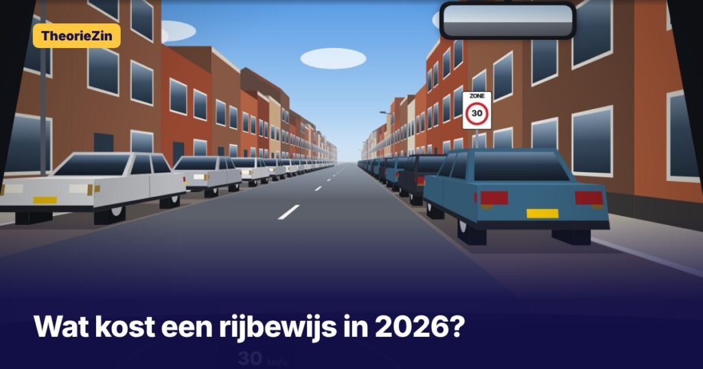 Woonstraat met geparkeerde auto's door de voorruit gezien, bij het artikel over de kosten van een rijbewijs